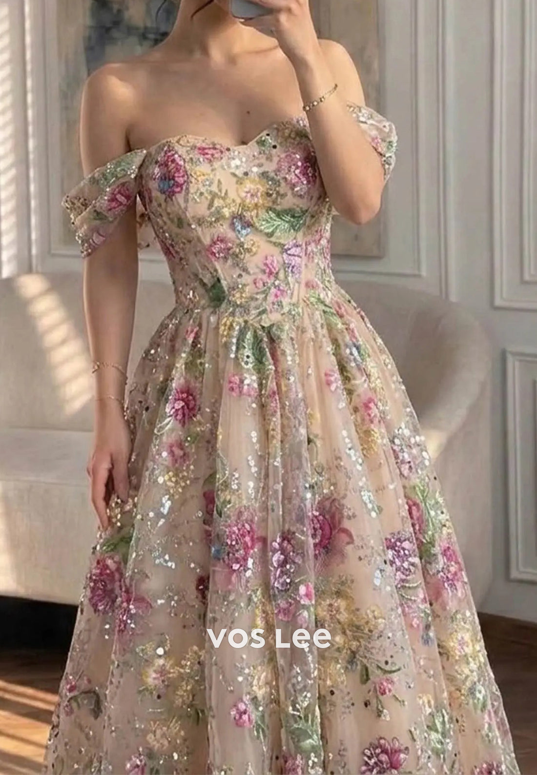 Off-the-Shoulder Floral Embroidered A-Line Gown