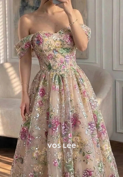 Off-the-Shoulder Floral Embroidered A-Line Gown