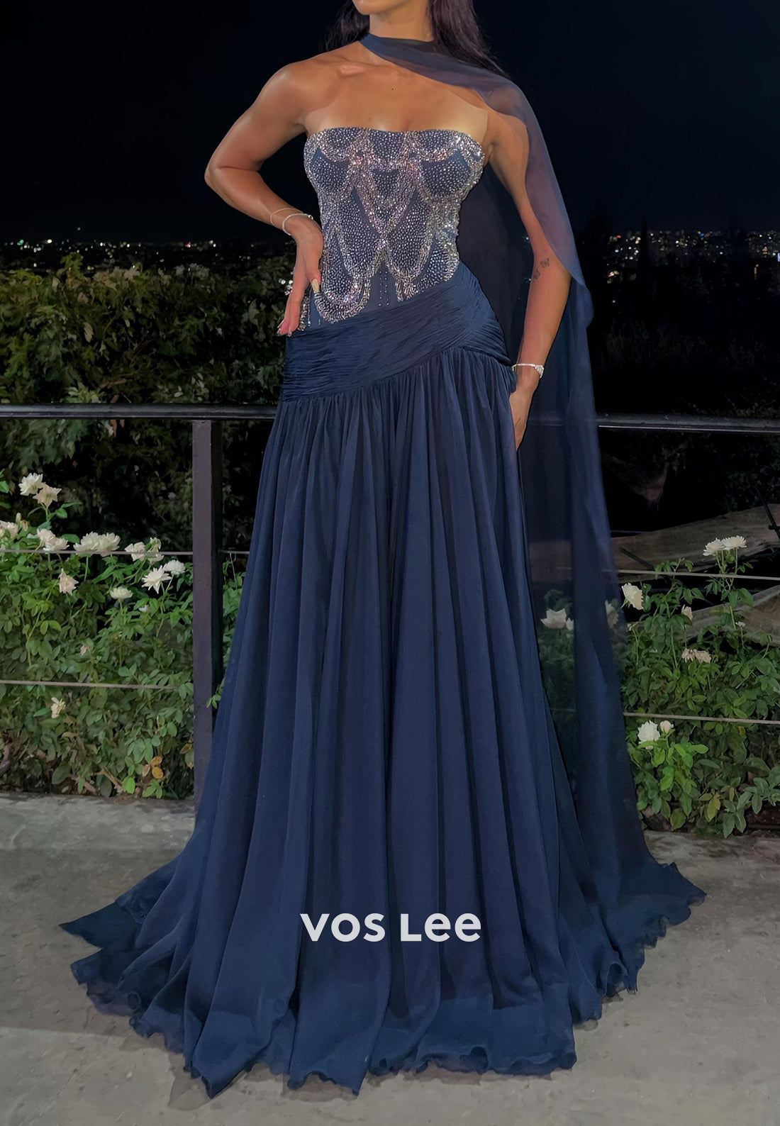 Beaded Corset Evening Gown with Matching Scarf