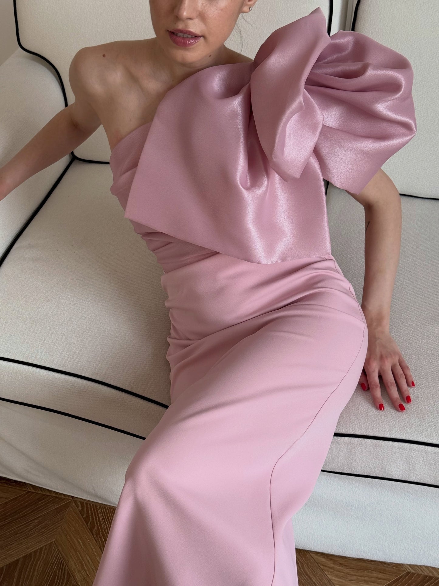 One-Shoulder Midi Dress with Dramatic Bow