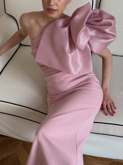 One-Shoulder Midi Dress with Dramatic Bow