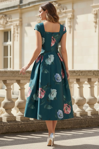 Floral Print Square Neck Cap Sleeve Midi Dress