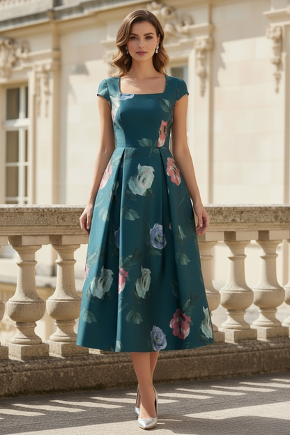 Floral Print Square Neck Cap Sleeve Midi Dress