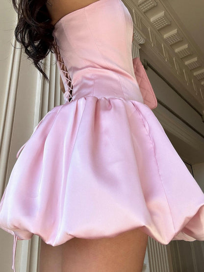 Strapless Satin Corset Bubble Hem Mini Dress