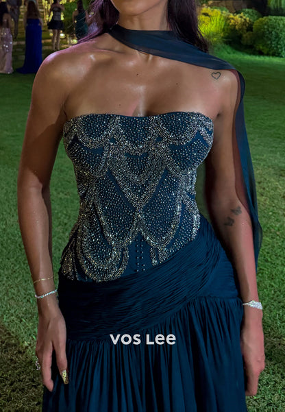 Beaded Corset Evening Gown with Matching Scarf