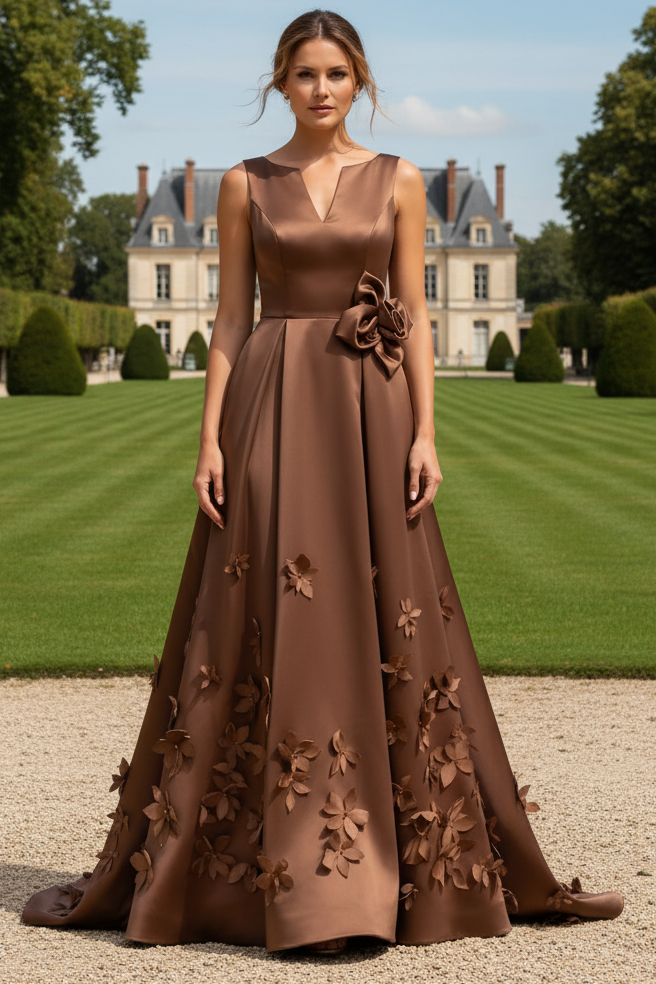 Sleeveless 3D Floral Applique Evening Gown
