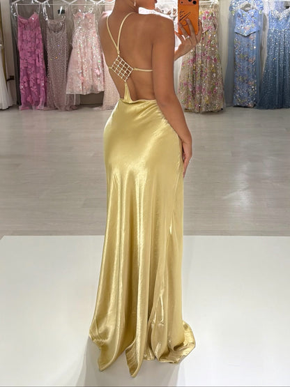 Halter Neck Open-Back Satin Gown with Crystal Detail