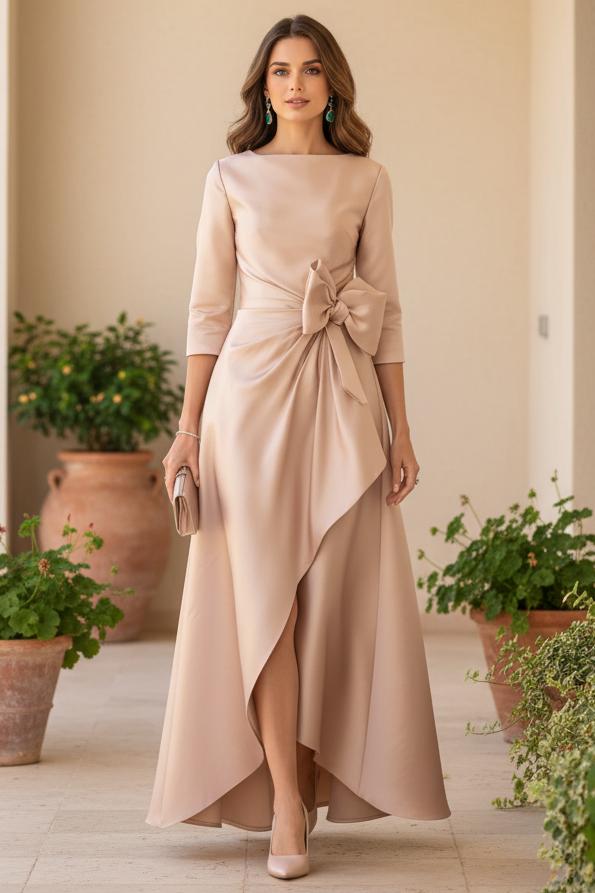 Bateau Neck 3/4 Sleeve Satin Gown with Waist Bow