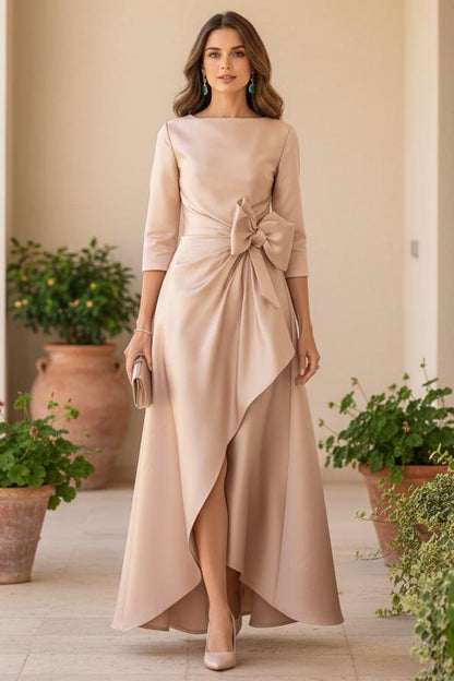 Bateau Neck 3/4 Sleeve Satin Gown with Waist Bow