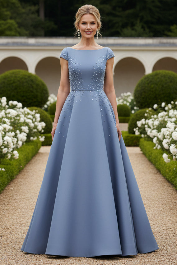 Pearl-Embellished A-Line Gown with Cap Sleeves