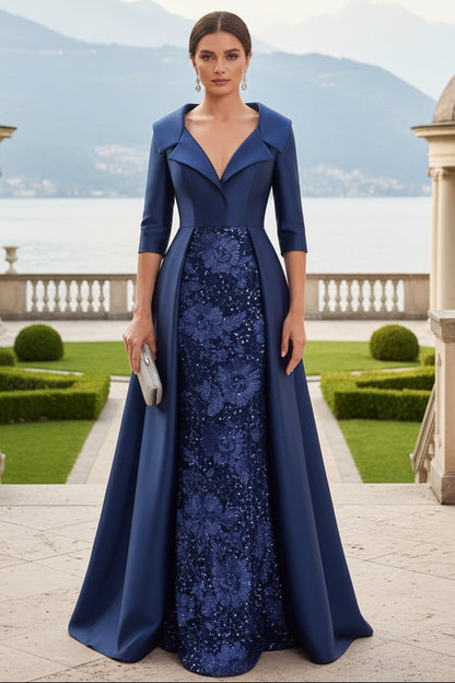 Collared Satin Evening Gown with Sequin Skirt