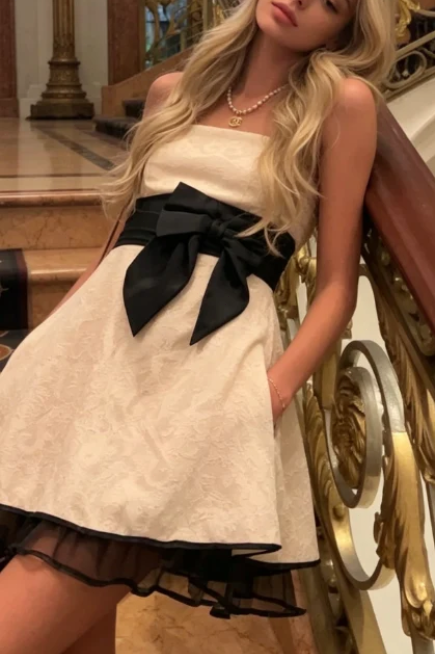 Strapless Jacquard Mini Dress with Bow Sash