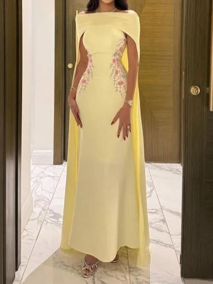 Cape Evening Gown with Floral Waist Embroidery