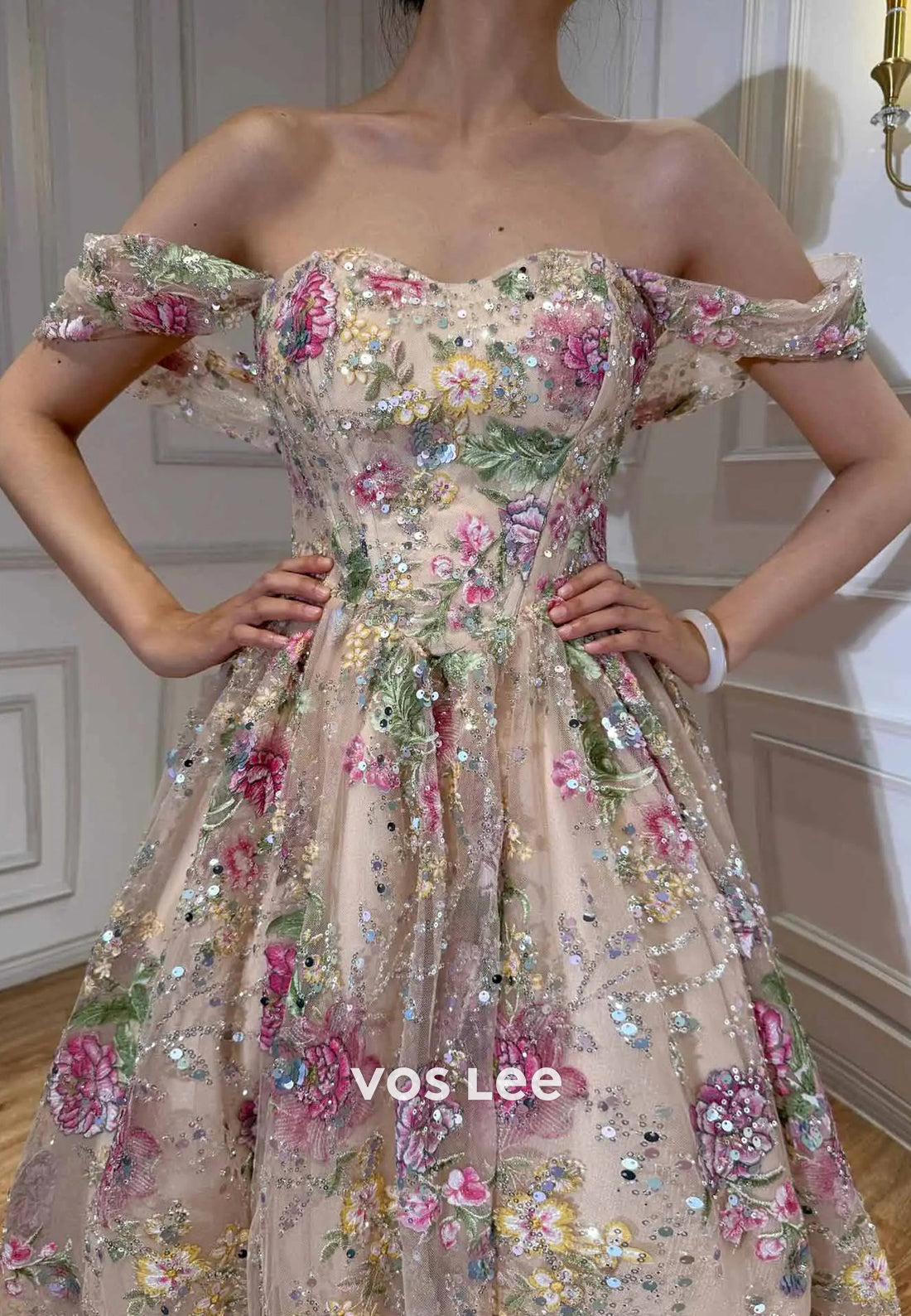 Off-the-Shoulder Floral Embroidered A-Line Gown