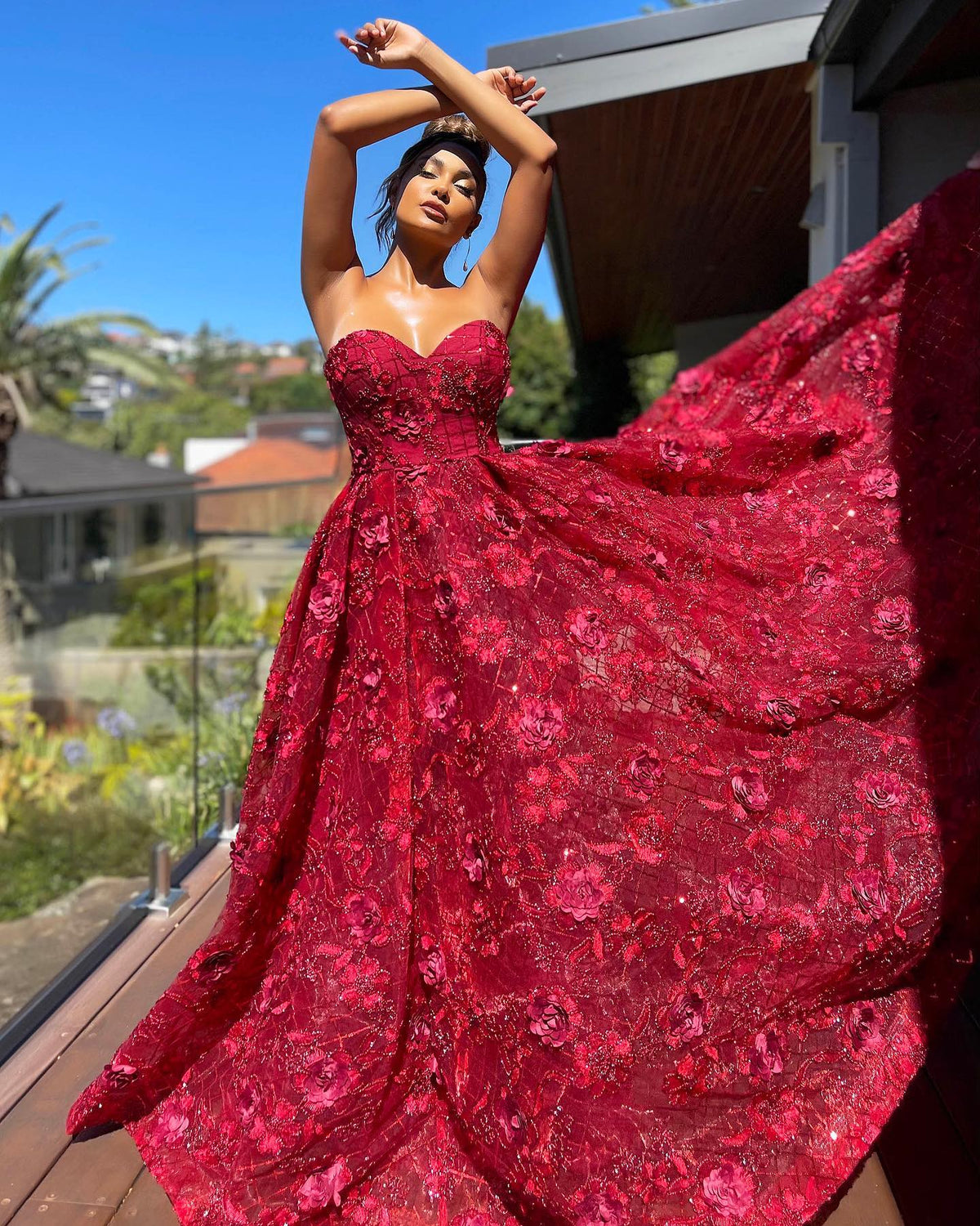 Strapless 3D Floral Ball Gown with Lace-Up Back