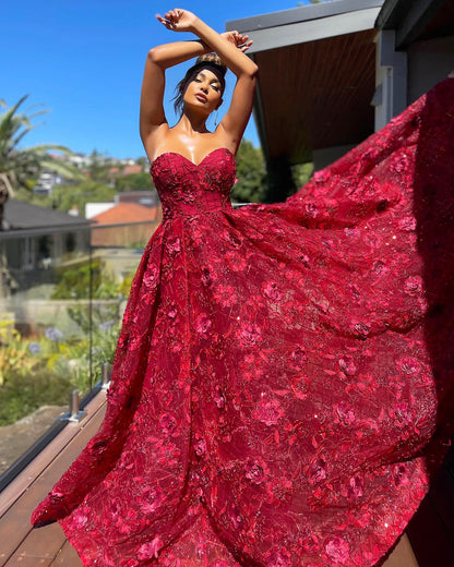 Strapless 3D Floral Ball Gown with Lace-Up Back