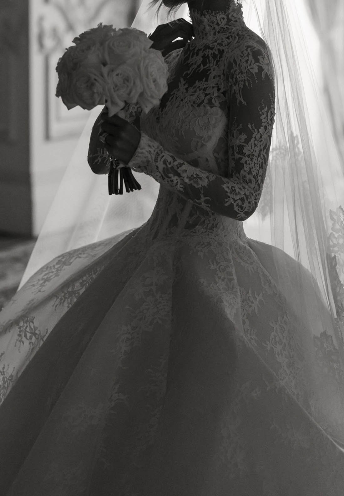 High-Neck Lace Ball Gown Wedding Dress with Long Sleeves