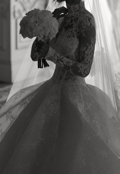 High-Neck Lace Ball Gown Wedding Dress with Long Sleeves