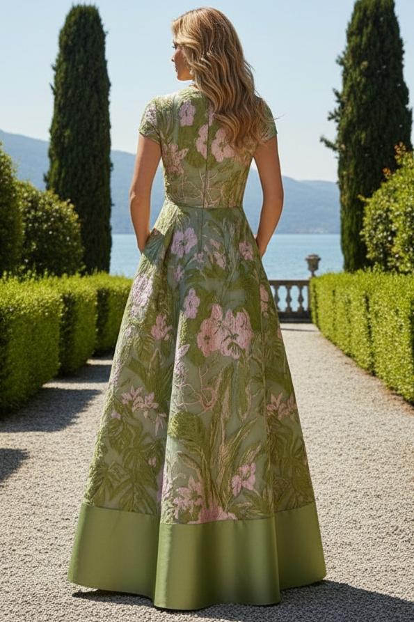 Floral Jacquard A-Line Gown with Pockets