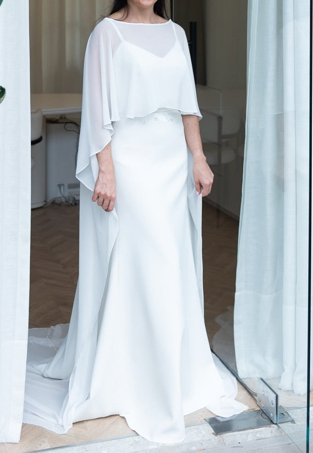 Minimalist Crepe Wedding Dress with Chiffon Cape
