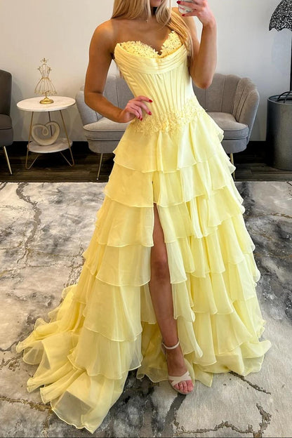 Strapless Tiered Gown with Corset Bodice and Slit