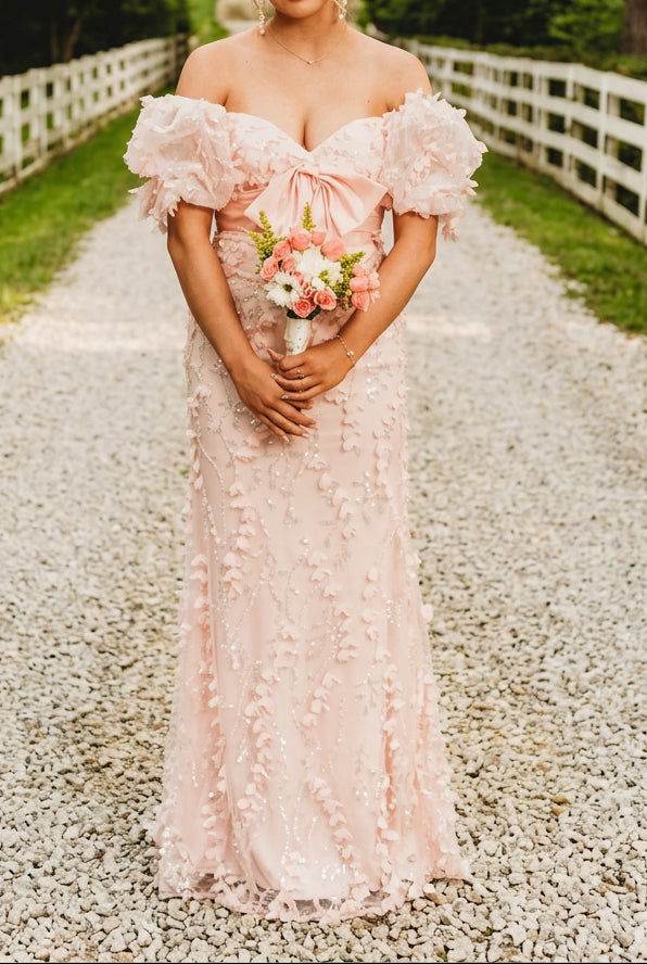 3D Floral Sequin Gown with Bow Accent
