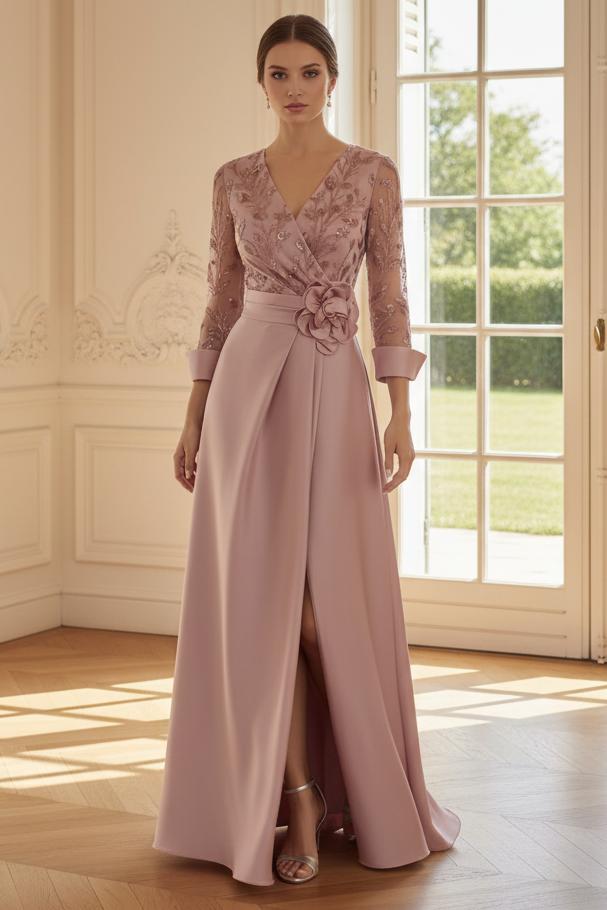 Embroidered 3/4 Sleeve A-Line Gown with Slit