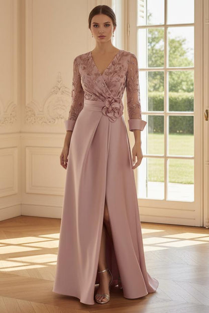 Embroidered 3/4 Sleeve A-Line Gown with Slit