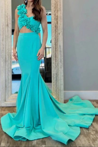 Two-Piece One-Shoulder Mermaid Dress with 3D Flowers