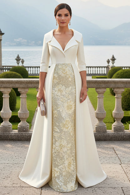 Collared Satin Evening Gown with Sequin Skirt