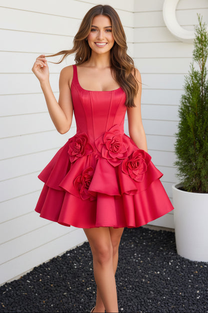 Corset Satin Mini Dress with 3D Flowers
