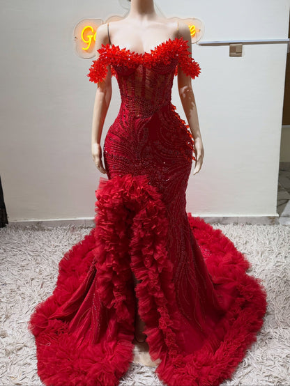 Off-the-Shoulder Beaded Corset Gown with Ruffle Train