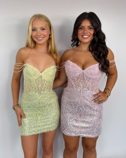 Corset Beaded Mini Dress with Pearl Draped Straps
