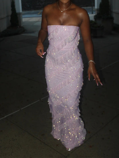 Strapless Tiered Ruffle Embellished Maxi Dress
