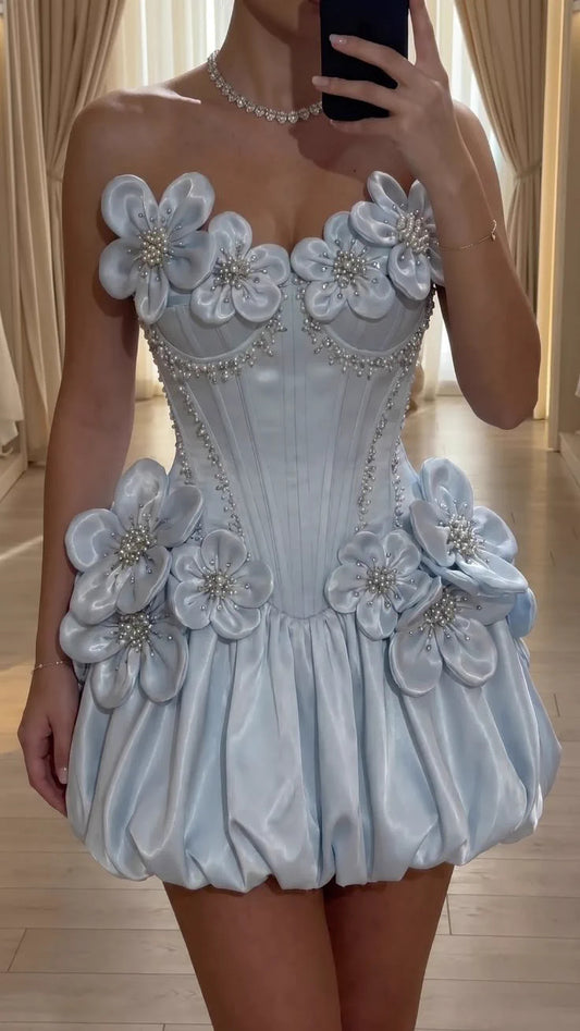 3D Floral Corset Bubble Hem Mini Dress