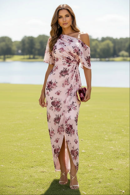 Asymmetrical One-Shoulder Floral Wrap Maxi Dress