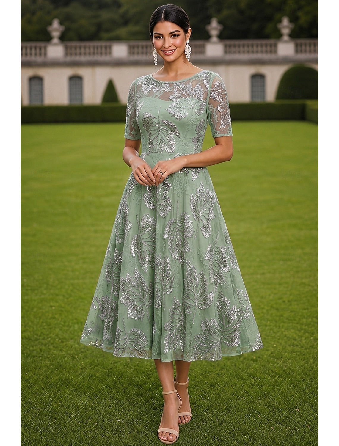 Sequin Leaf Illusion Tea-Length A-Line Dress
