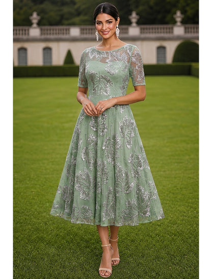 Sequin Leaf Illusion Tea-Length A-Line Dress