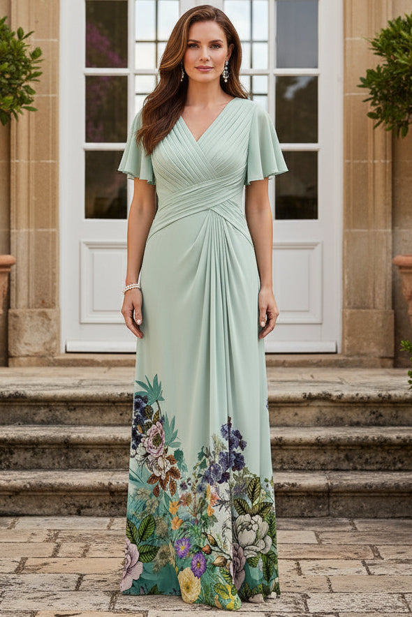 Pleated Flutter Sleeve Floral Hem Maxi Dress