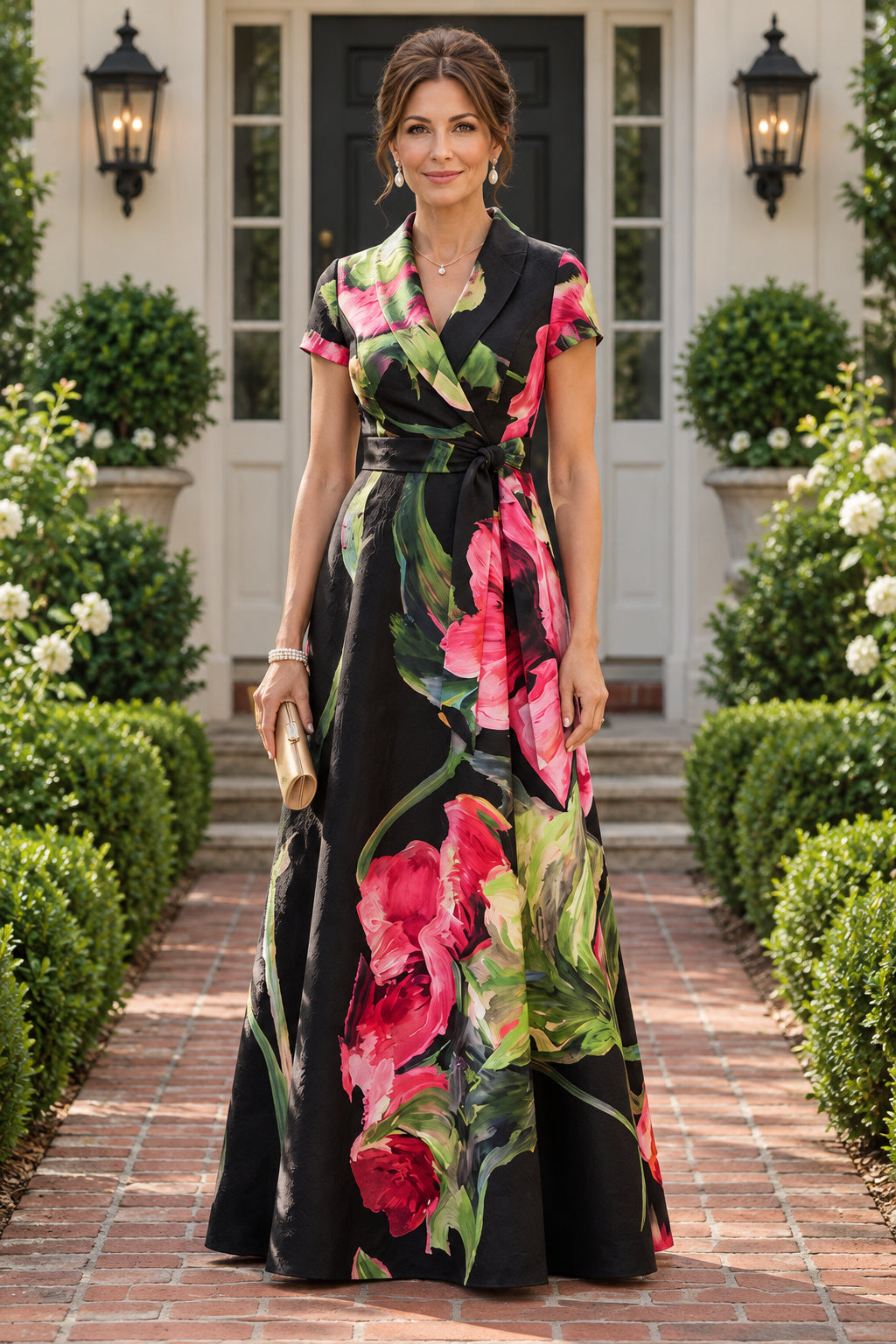 Floral Wrap A-Line Maxi Dress with Collar