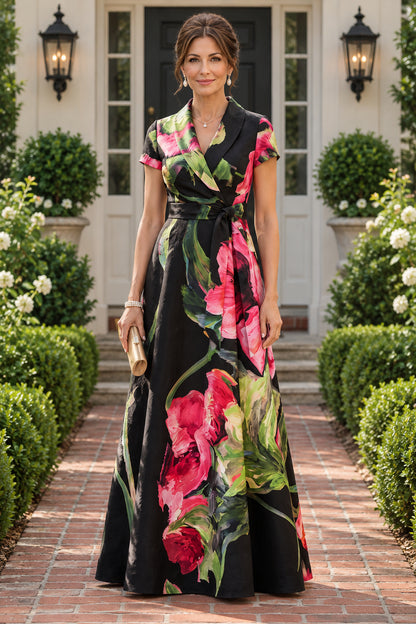 Floral Wrap A-Line Maxi Dress with Collar