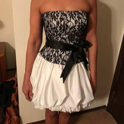 Strapless Lace Bodice Bubble Mini Dress with Sash
