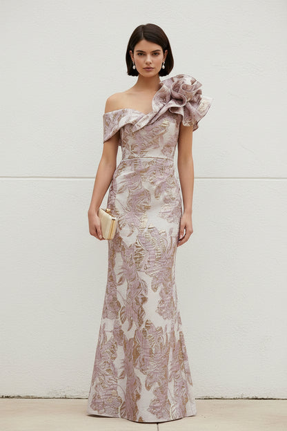 One-Shoulder Metallic Jacquard Column Evening Gown