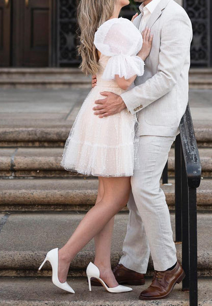 Pearl-Embellished Tulle Puff Sleeve Mini Dress