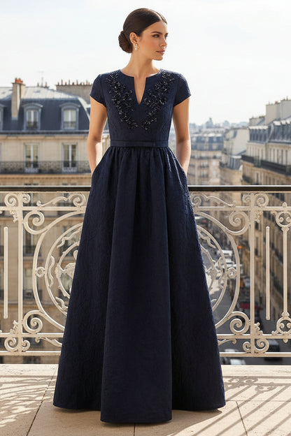 Beaded Jacquard A-Line Evening Gown with Pockets