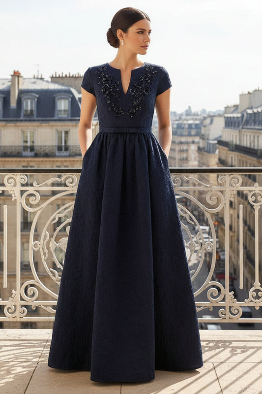 Beaded Jacquard A-Line Evening Gown with Pockets