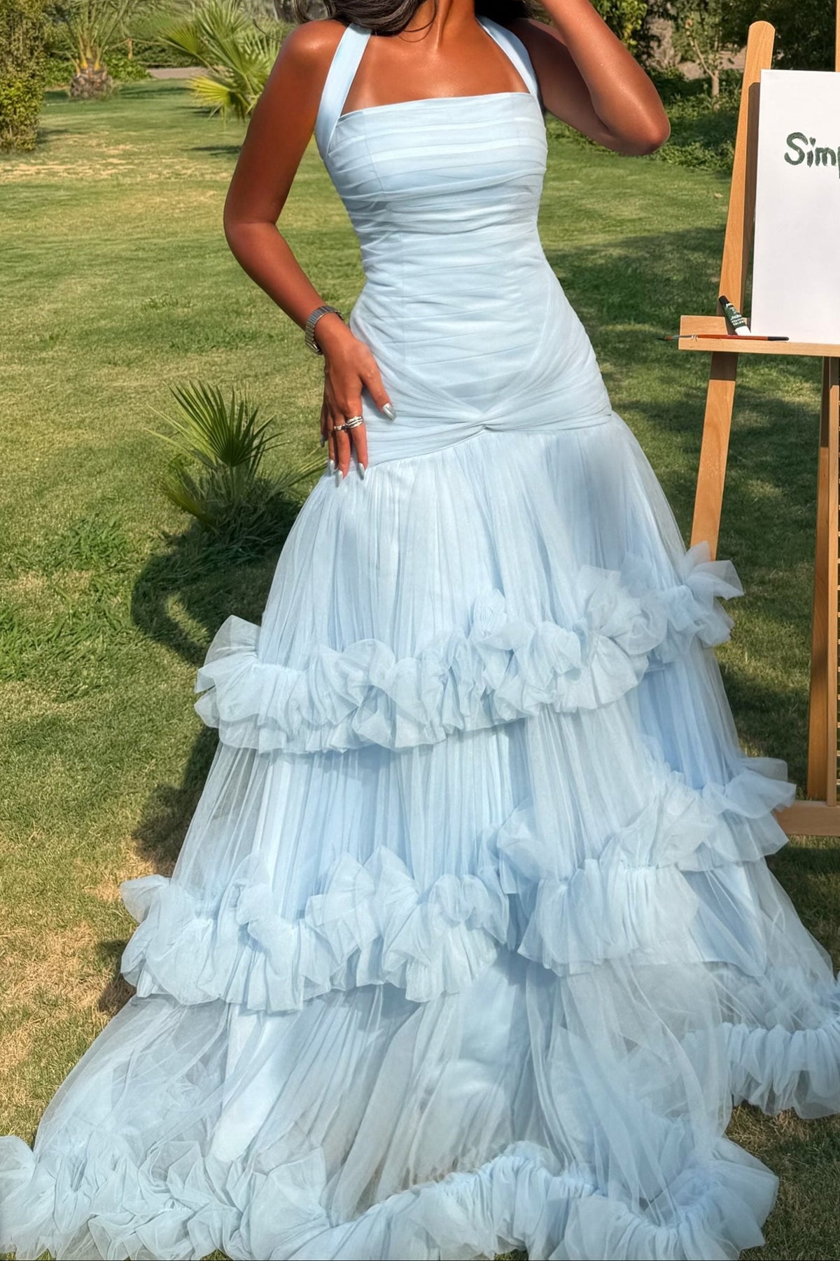 Ruched Halter Tiered Ruffle Tulle Gown