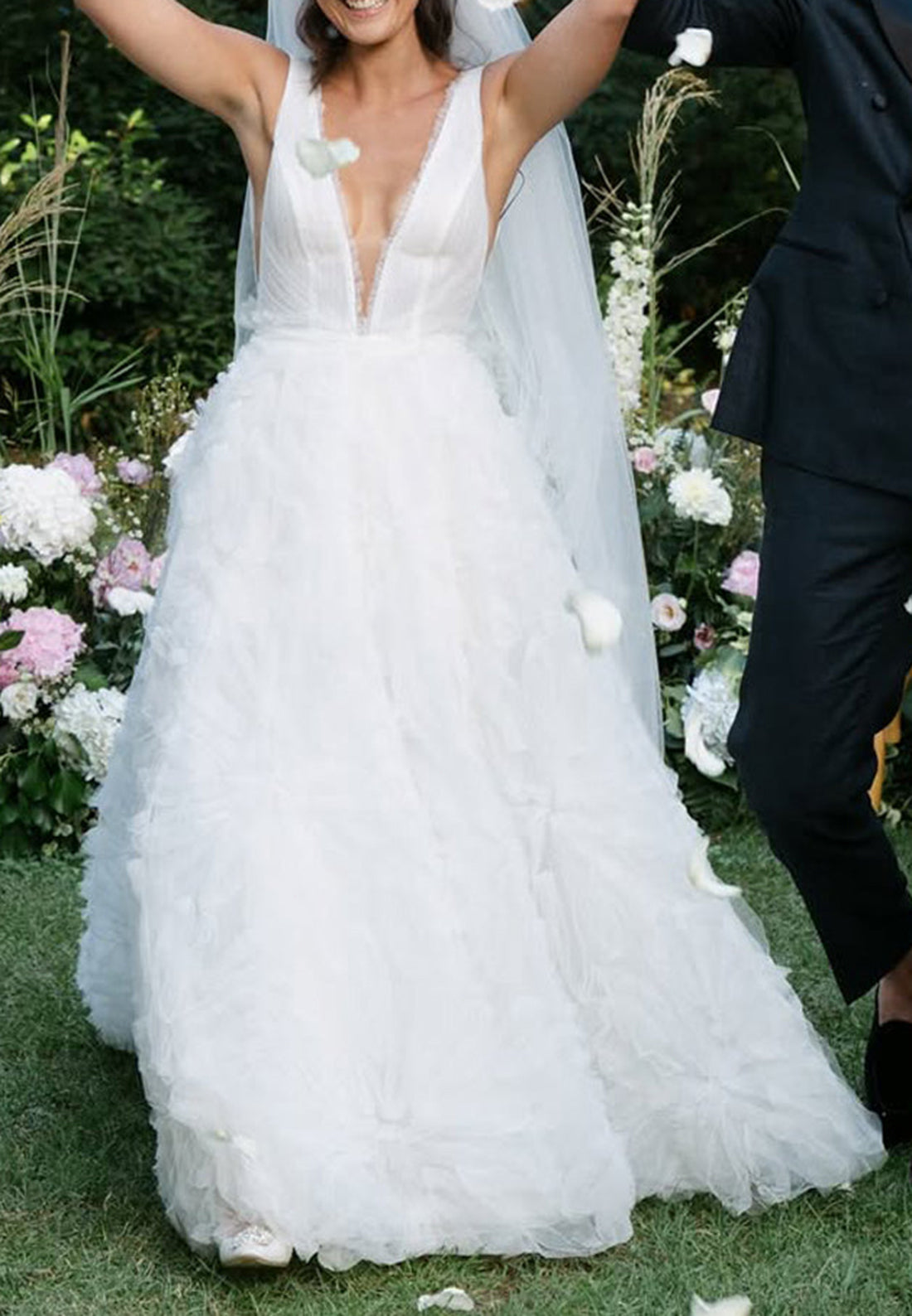 Deep V-Neck Textured Tulle A-Line Wedding Dress