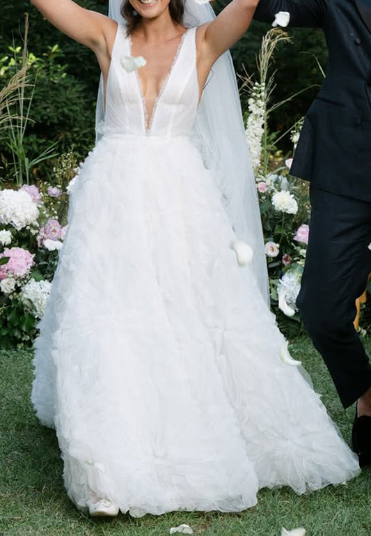 Deep V-Neck Textured Tulle A-Line Wedding Dress