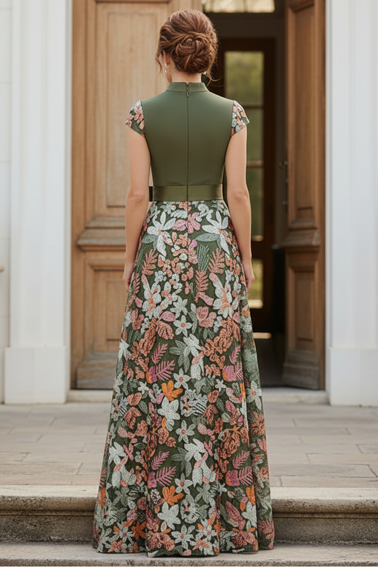 Elegant Embroidered A-Line Evening Gown with Bow Sash